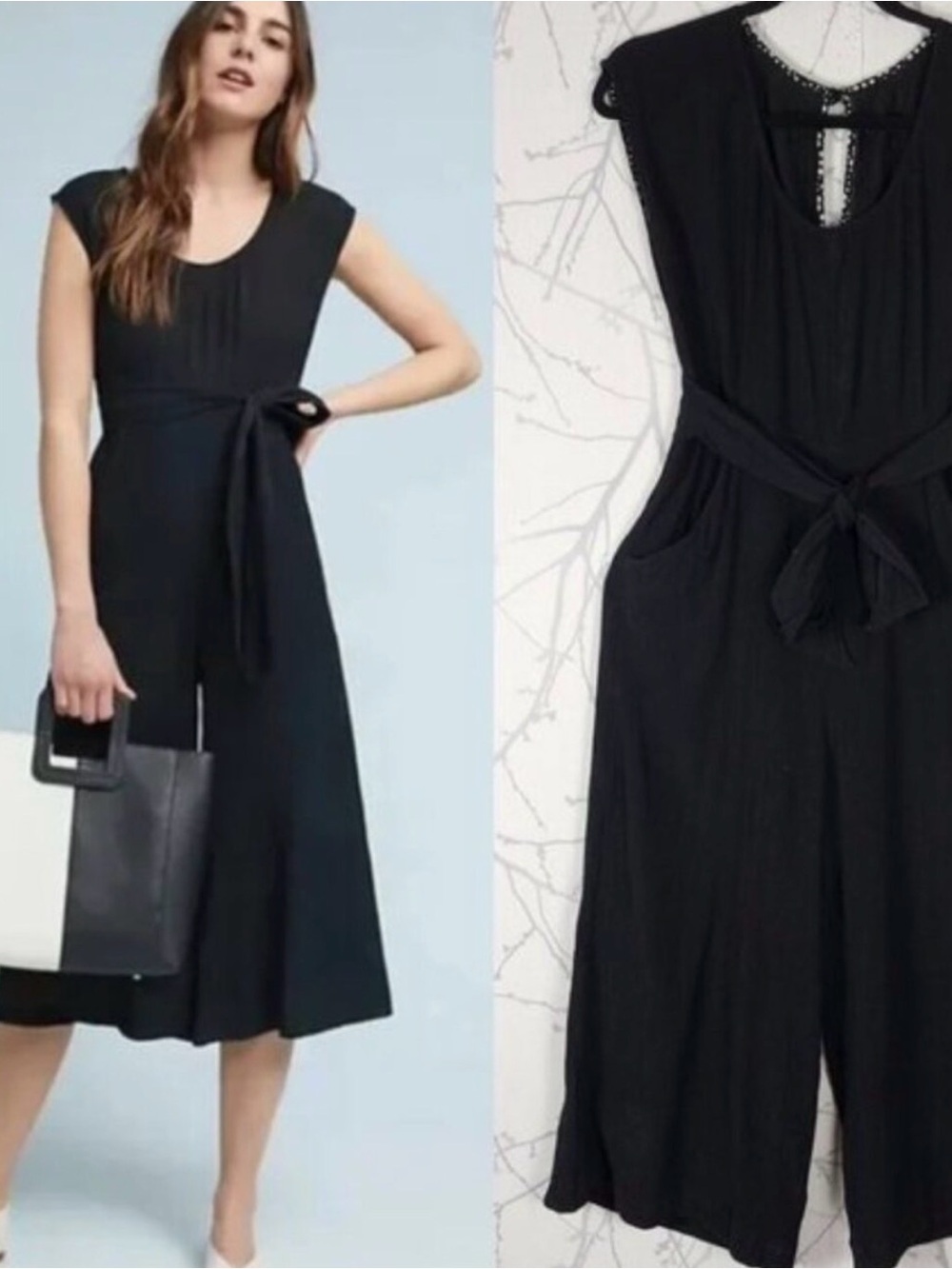 Anthropologie Abbey Black Tie-Waist Jumpsuit US14